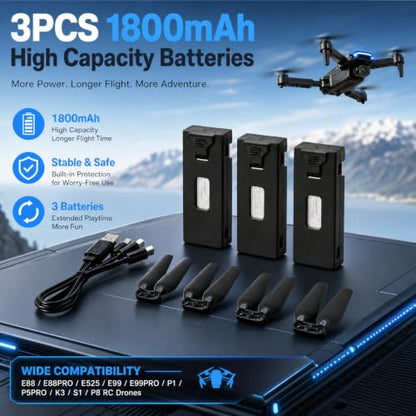 Drone Battery 3PCS 3.7V 1800mAh with 4Pcs Propeller Blades, Mini Propellers Accessories Drone Battery with Blades for E88 E88PRO E525 E99 E99PRO P1 K3 S1 RC UAV Battery Plug and Play