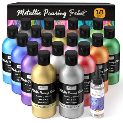 Nicpro 18 Colors 8.45oz Large Volume Metallic Acrylic Pour Paint Kit - color: 18 Colors