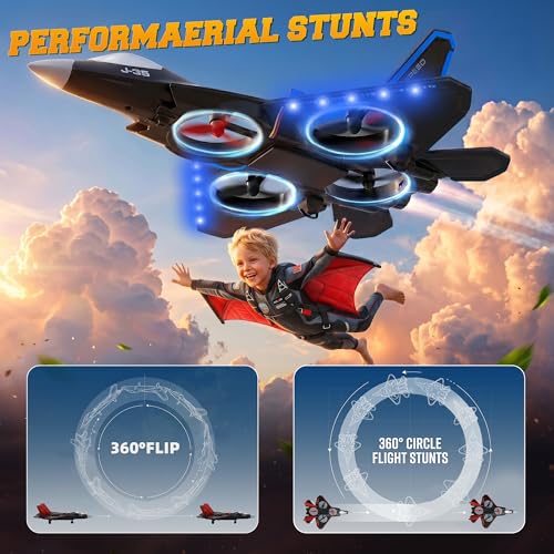 BEZGAR RC Fighter Jet Toy, RC Plane with LED Lights & 360° Flip, Blue - color: Blue