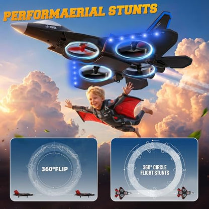 BEZGAR RC Fighter Jet Toy, RC Plane with LED Lights & 360° Flip, Blue - color: Blue