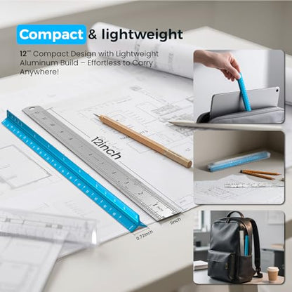 2 Pcs Architectural Scale Ruler 12 Inch, Aluminum Architect Ruler & Metal Ruler Set, Imperial Engineer Scale for Blueprints, Drafting Ruler for Architects, Students, Draftsmen, and Engineers (Blue)