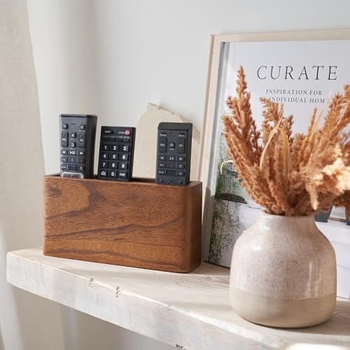 Wooden Remote Control Holder - Adhesive Wall Mount Caddy for 3-4 Remotes - color: Brown