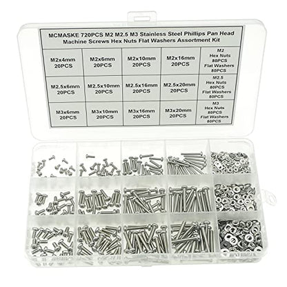 720PCS M2 M2.5 M3 Stainless Steel Phillips Pan Head Machine Screws Nuts Flat Washers Assortment Kit - size: M2, M2.5, M3