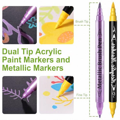 24 Metallic & 24 Acrylic Paint Markers Pens - Brush & Fine Dual Tip 48 Pack