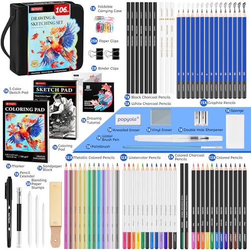 106 Pack Drawing Set Sketching Kit, Pro Art Supplies Sketch Pencils Set - color: Black, size: 106 Pack