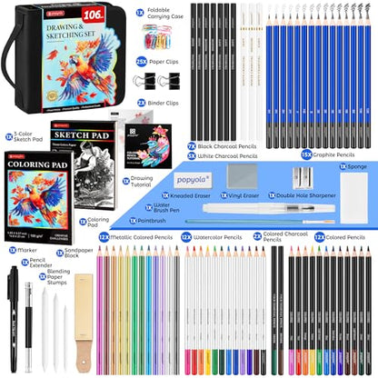 106 Pack Drawing Set Sketching Kit, Pro Art Supplies Sketch Pencils Set - color: Black, size: 106 Pack
