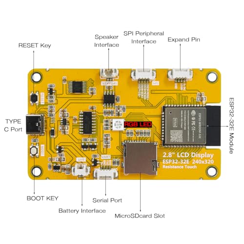 Hosyond 2.8'' ESP32 Display Resistive Touch Screen with WiFi+BT, ILI9341 Driver 240x320 TFT LCD Screen Module for Arduino - size: 2.8"