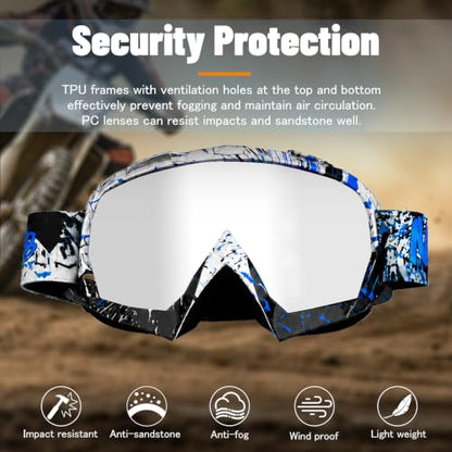 Motorcycle Motocross Goggles ATV DirtBike Accessories MX UTV Goggles - color: Blue Graffiti Frame+silver Lens