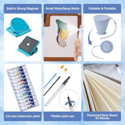 Mini Watercolor Travel Set, 12 Color Portable Walnut Wood Art Kit