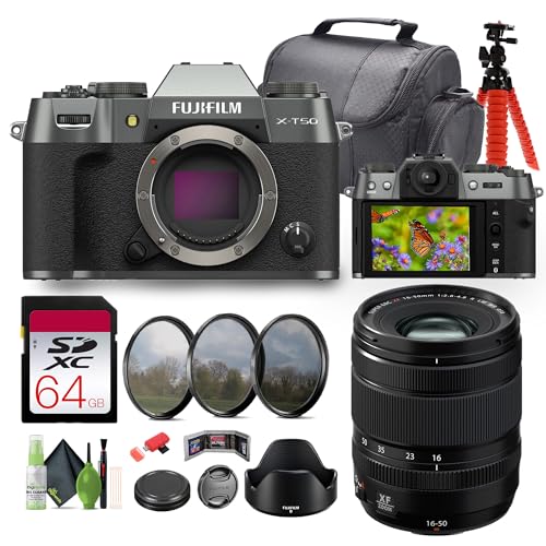 FUJIFILM X-T50 Mirrorless Digital Camera Body - Charcoal Bundle with Fuji XF 16-50mm f/2.8-4.8 R LM WR Lens + 64GB UHS-II SDXC Memory Card + Cleaning kit + 12 inch Flexible Tripod + More