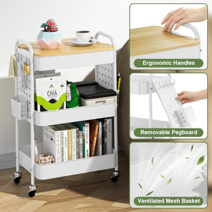 3 Tier Rolling Cart with Table top, Metal Utility Cart with DIY Pegboard - color: White With Pegboard