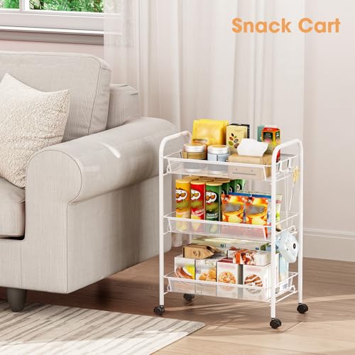 TOOLF 3 Tier Rolling Cart, Metal Utility Storage Cart with Wheels, White - color: White, size: 3-Tier