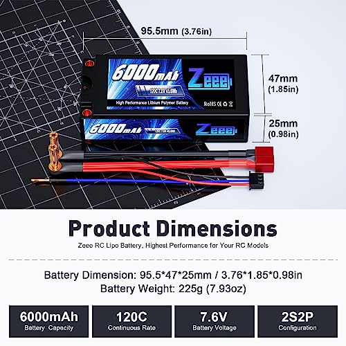 Zeee 2S Shorty Lipo Battery 6000mAh 7.6V 120C with 5mm Bullet to T Plug