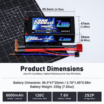 Zeee 2S Shorty Lipo Battery 6000mAh 7.6V 120C with 5mm Bullet to T Plug