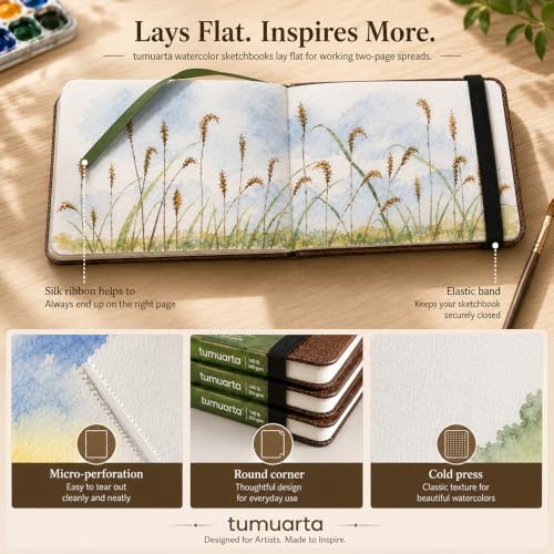 tumuarta Watercolor Journal, 3.5x5.5”, 140 LB, 300 GSM, Cotton Paper, Cold Press, 24 Sheets, 48 Pages, Watercolor Sketchbooks for Use As Travel Notebook Mixed Media Pad On The Go - color: Green