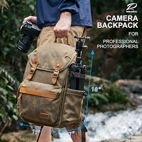 Padwa Lifestyle Khaki Camera Backpack - Professional DSLR & UAV Camera Bag,Anti Theft Canvas Camera Backpacks with Rain Cover,Large Capacity Photography Travel Camera Bag with Multi Compartments - color: Khaki Canvas, style: Canvas Bag Flap