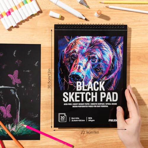 Black Paper Sketchbook 9 × 12 in, 30 Sheets, 160gsm Spiral Bound - size: 9×12 Inch (1 pack)
