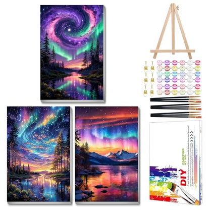 Mandun Aurora Paint by Numbers Kit for Adults, 3 Pack, 7.8x11.8 inch - color: 3 Pack Aurora