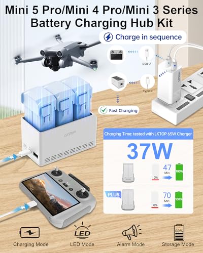 LKTOP Mini 5 Pro/4 Pro/3 Pro/3 Battery Charging Hub Kit, Replacement DJI Mini 5/4/3 Series, SKYROVER X1 Drone Fast Hub with 65W Portable Charger, with Storage LED Alarm Mode (Charge 1 Battery: 47min) - style: Hub + 65W Charger