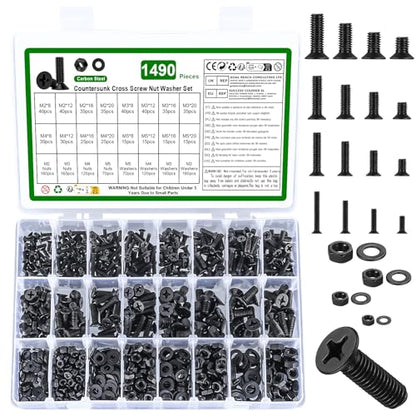 1490 Pcs M2 M3 M4 M5 Machine Screws Assortment Kit,Flat Head Screws - size: M2 M3 M4 M5 - 1490
