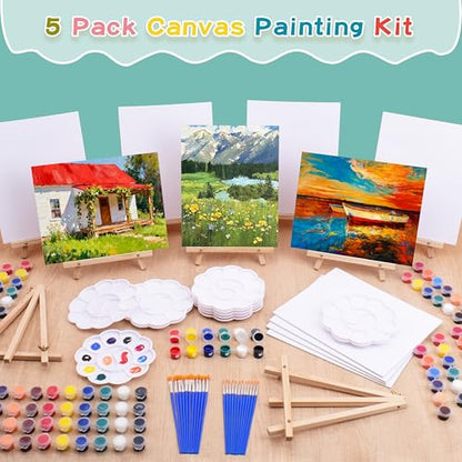 5 Pack 8x10 Canvas and Easel Set, Paint and Sip Kit for Adults Party