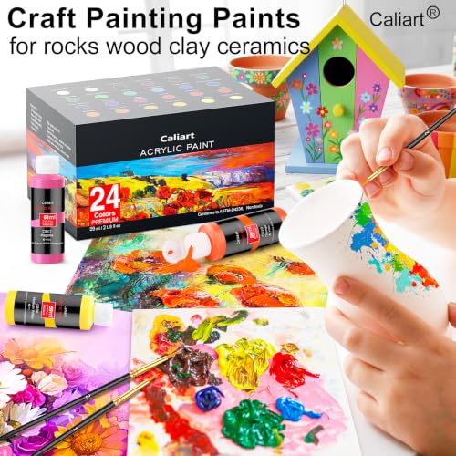 Caliart 24 Colors Acrylic Paint Set with 12 Brushes - color: Regular, size: 2 Fl Oz (Pack of 24)