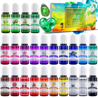 Alcohol Ink Set - 24 Vibrant Colors for Resin Art, Petri Dish Making