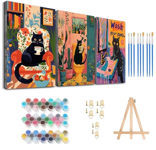 Axquilon 3 Packs Black Cat Framed Paint by Numbers Kit for Adults 8x10in - color: 3 Pack Cat with Easel-1