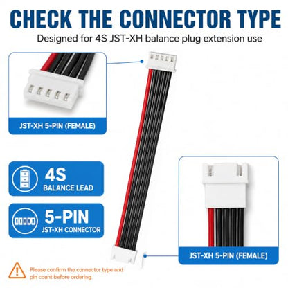 5-Pack 4S Balance Plug Extension Leads, 200mm 22AWG JST-XH Style Wires