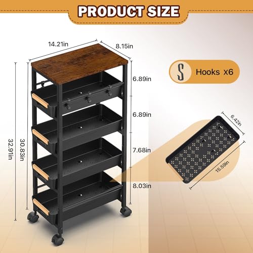 SUNALLY Slim Storage Cart with Wheels, Narrow Kitchen Rolling Cart, Black - color: Black, size: 14.21x8.15x32.91 Inch