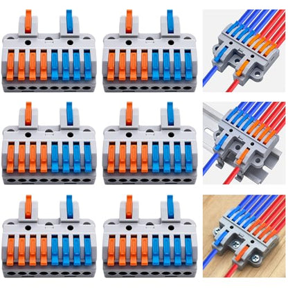 CESFONJER 2-in-8-out Compact Terminal Blocks (6 Sets), Lever Wire Splicing Connectors, 2 Input 8 Output, DIN Rail & Screw Fix, 28-12AWG, Includes Mounts & Screws - color: set3