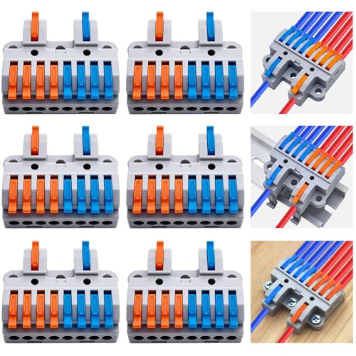 CESFONJER 2-in-8-out Compact Terminal Blocks (6 Sets), Lever Wire Splicing Connectors, 2 Input 8 Output, DIN Rail & Screw Fix, 28-12AWG, Includes Mounts & Screws - color: set3