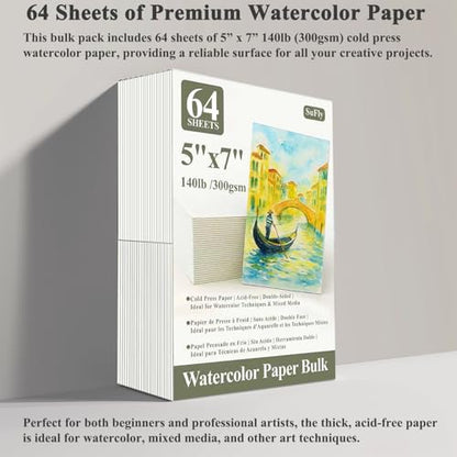 SuFly Water Color Paper 5"x 7", 140lb Cold Press Watercolor Paper_64 Sheets