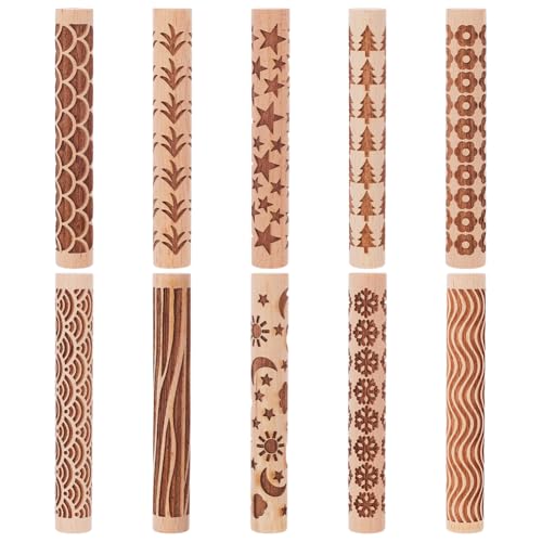 UNICRAFTALE 10Pcs Wooden Clay Texture Rollers Set for Pottery 10 Styles Ceramics Potters Stamp Roller Tools 102mm Textured Rolling Pins Modeling Pattern Rollers Kit for DIY Handmade Art Supplies