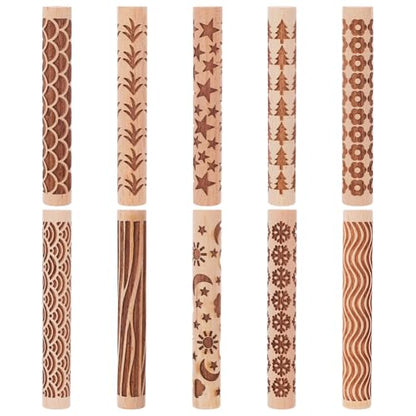 UNICRAFTALE 10Pcs Wooden Clay Texture Rollers Set for Pottery 10 Styles Ceramics Potters Stamp Roller Tools 102mm Textured Rolling Pins Modeling Pattern Rollers Kit for DIY Handmade Art Supplies