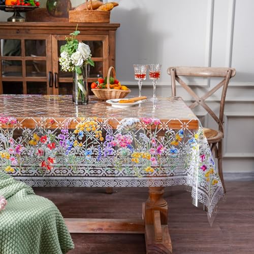 ARTABLE Clear Vinyl Tablecloth Floral Grass Print Wipeable 60 x 84 Inch - color: Flowers, size: 84" x 60" (Rectangular)
