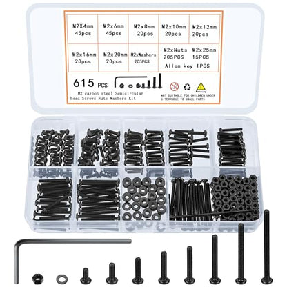 615 Pcs M2 Screw Assortment, M2 Bolts and Nuts Kit, Hex Socket Button Head Cap Screws and Nuts and Washers Set, Metric Machine Screw Assortment Kit, Small Black Assorted Screws Nuts - size: M2
