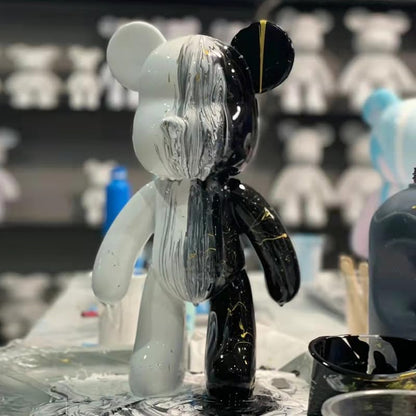 DIY Fluid Bear + Bear Keychain Figure, Marble Bear Painting Kit for Creative Pouring Art (Black+White+Gold, 9 inch) - color: Black+white+gold