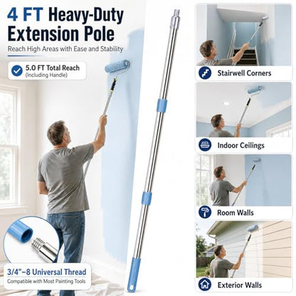Paint Roller Kit with 4 ft Extension Pole, 8-Piece DIY Painting Tool Set with 9" Smooth Rolling Frame, 3 Low-Lint Microfiber Covers, 11" Tray, Brush & Putty Knife for Walls, Ceilings & Trim
