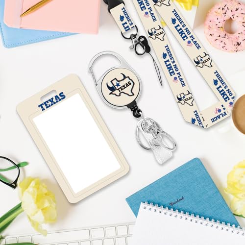 Texas ID Badge Holder with Lanyard, Texas Retractable Reel Clip & Keychain - color: Texas