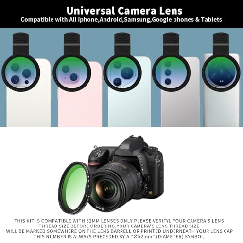 52MM Variable ND2-32 Filter for Phone, Multi-Coating Clip-On Variable Neutral Density Lens Kit, Compatible with iPhone 16/15/14/13 Pro Max, Samsung Galaxy, Google Pixel and Other Smartphone