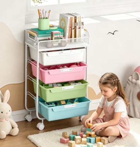 SYKIARIOL 4-Drawer Rolling Storage Cart with Mesh Top,Colourful - color: Colorful