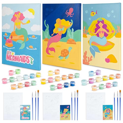 BONNYCO Paint by Numbers Kit for Kids Mermaid Pack 3 Canvas. Paint by Number Canvas Framed Pre Drawn, Mermaid Gifts for Girls Painting. Arts and Kids Crafts 4-6 8-12, Pintar por Numeros Niñas - color: Mermaids