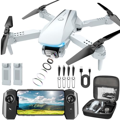 Oddire Drone with Camera - Drones for Adults with 2 Batteries, Carrying Case, 1080P HD Foldable Drone with Stable Hover, Trajectory Flight, Gravity Control, One Key Take Off/Land, 3D Flip, Toys - color: White-Blue