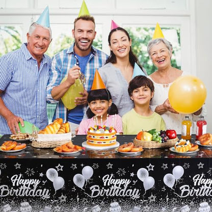 Breling 3 Pack Happy Birthday Tablecloths Decoration, Black Silver - color: Black Silver