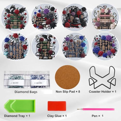 Ekuxom 8 Pcs Books Diamond Art Coasters Kit for Adults - color: Books-2