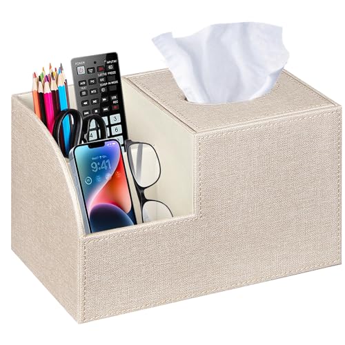 PU Leather Square Tissue Box Cover - Multi-Functional Tissue Box Holder - color: Beige