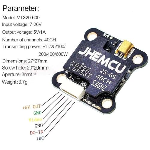 VTX20-600 40CH 20X20mm PitMode 25-600mW Adjustable VTX 7-26V for JHEMCU VTX RC FPV Racing Freestyle Drones