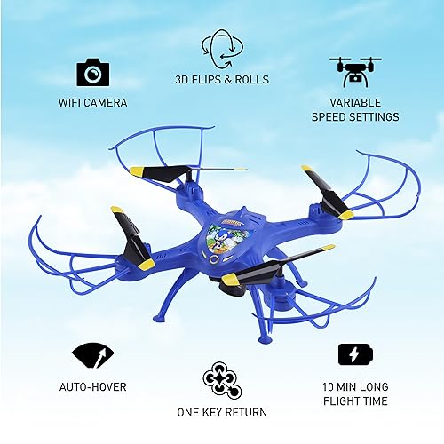 Sonic The Hedgehog Sky Racer Drone - WiFi Camera, 3D Flips, Variable Speed Settings, Kid's Toy Drone with 10 Min Flight, Auto Hover, and Remote Controler Included