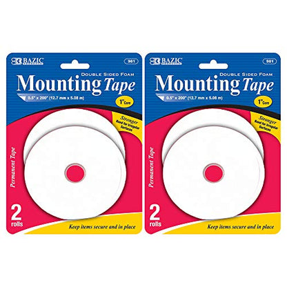 BAZIC PRODUCTS Double Sided Foam Mounting Tape, 0.5 in x 200 in, 2-Pack - size: 2-Pack